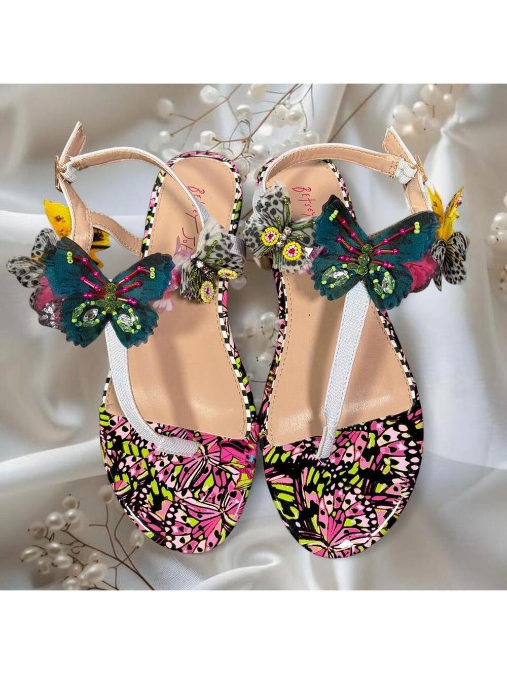 BETSEY JOHNSON BUTTERFLY EMBELLISHED T-STRAP SANDALS